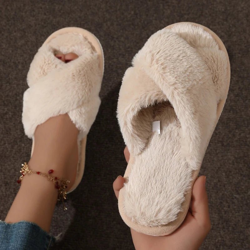Fashion Women Fluffy Slippers Cross Band Soft Plush Cozy House Shoes Furry Open Toe Indoor Outdoor Slip Warm Anti Skid Sole Laventi