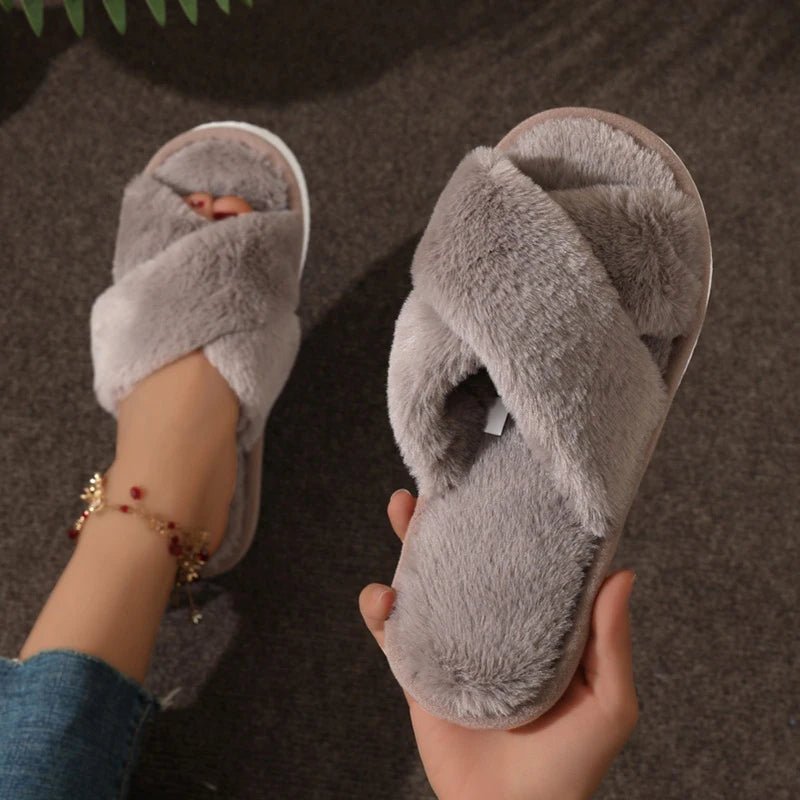 Fashion Women Fluffy Slippers Cross Band Soft Plush Cozy House Shoes Furry Open Toe Indoor Outdoor Slip Warm Anti Skid Sole Laventi